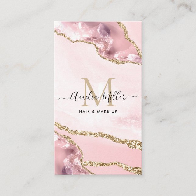 Rosa guldmarmor agat Hår Makeup Monogram Visitkort (Framsida)
