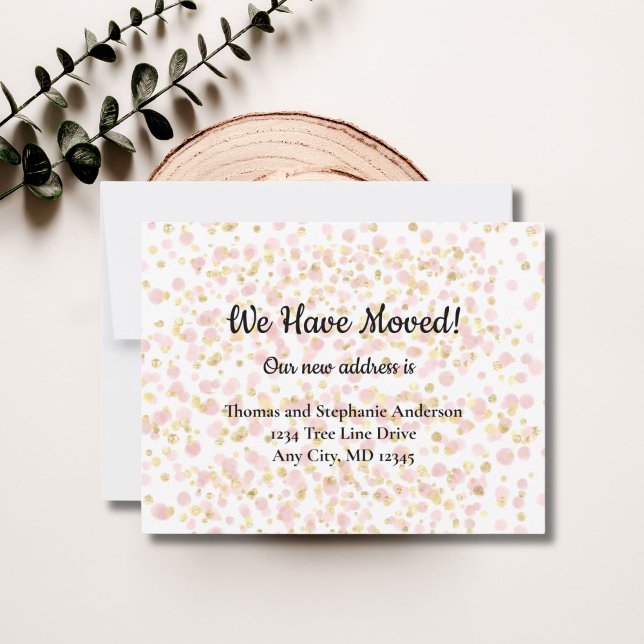 Rosa guldöverdrag för flyttningskortsmeddelande (Pink gold overlay We have moved moving announcement card. )