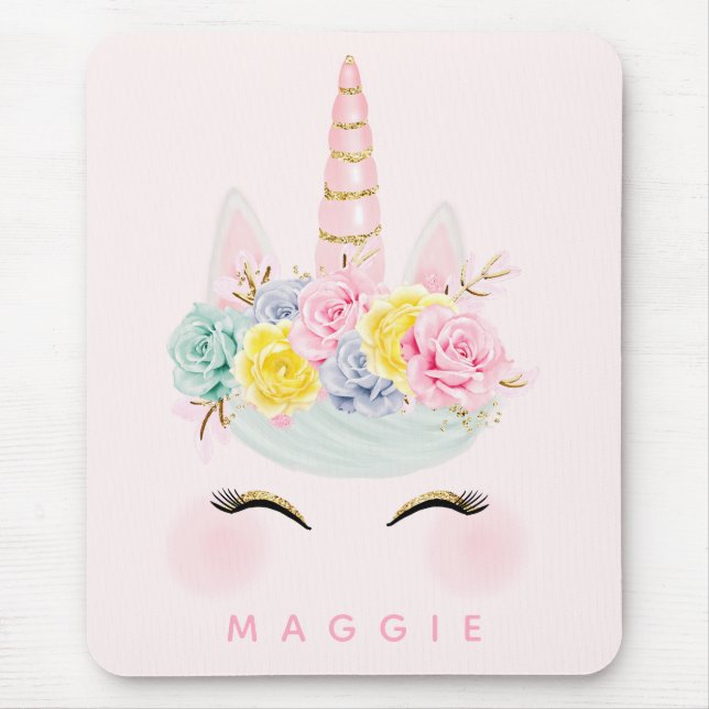 Rosa guldpersonlig för flickaktigt blom- Unicorn Musmatta (Framsidan)