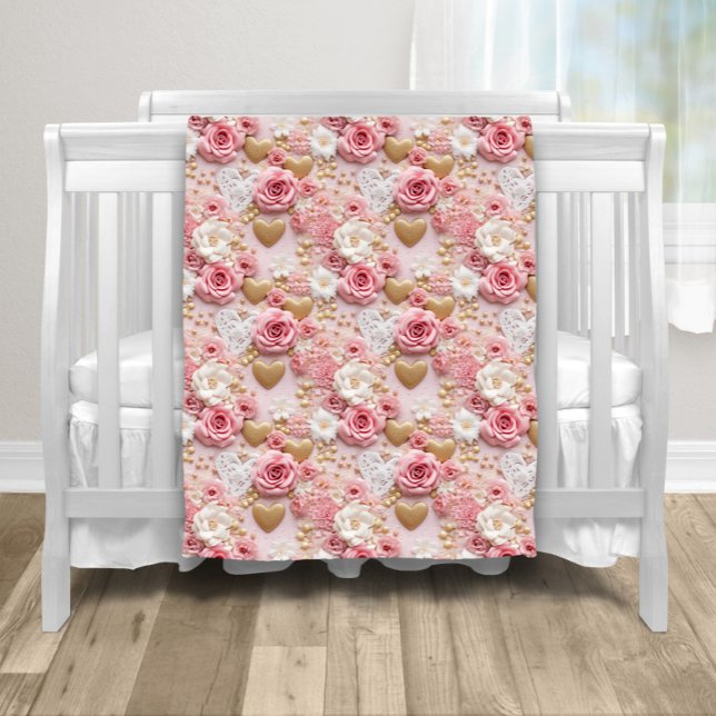 Rosa Guldrosor Hjarta Fleecefilt (Sweet pink roses and gold heart baby blanket.)