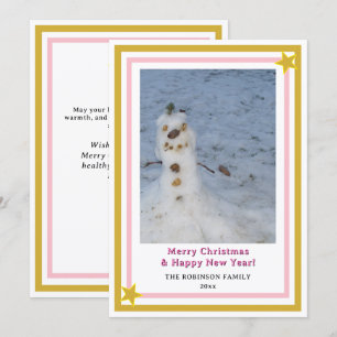 Rosa guldstjärnor liten snöman INSERT FOTO Julkort