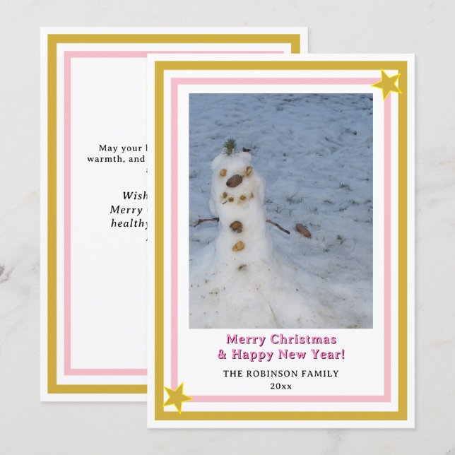 Rosa guldstjärnor liten snöman INSERT FOTO Julkort (Fram/baksida)