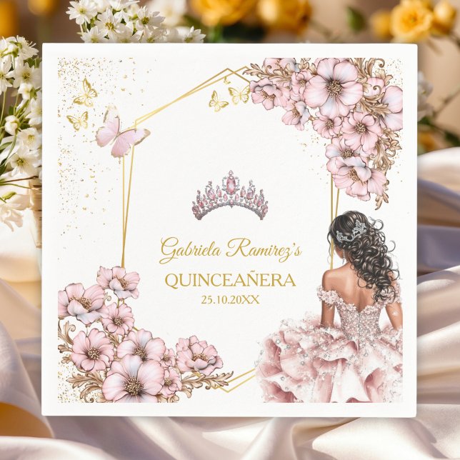 Rosa Guldtiara Fjäril Quinceañera Pappersservett (Skapare uppladdad)