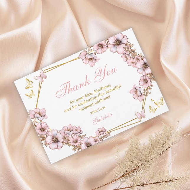 Rosa Guldtiara Fjäril Quinceañera Tack Kort (Skapare uppladdad)