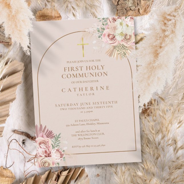 Rosa guldvalv Pampasgräs Första kommunion Inbjudningar (Pink Gold Arch Pampas Grass First Holy Communion Invitation)