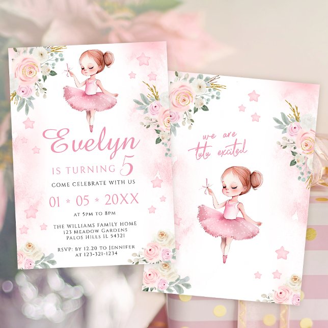 Rosa gullig ballerina-födelsedagsinbjudan inbjudningar (Skapare uppladdad)