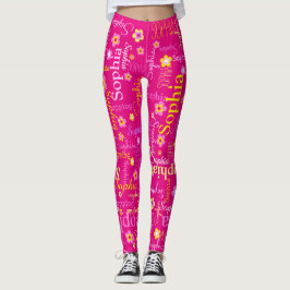 Rosa gult anpassningsbar Flickor text namn-blomman Leggings