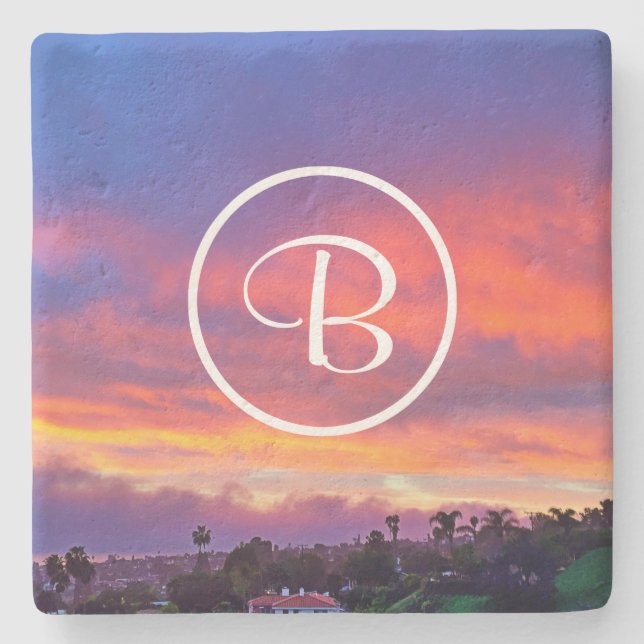 Rosa gult blå solnedgång anpassningsbar monogram f stenunderlägg (Framsidan)