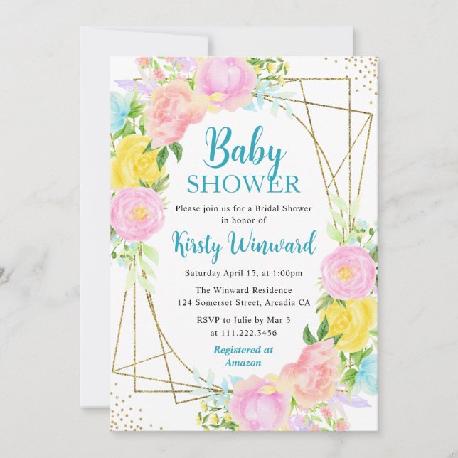 Rosa Gult Blåa blommor Ram Baby Shower Inbjudningar (Framsida)