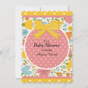 Rosa Gult Blått Blommig och Prickig Baby Shower Inbjudningar