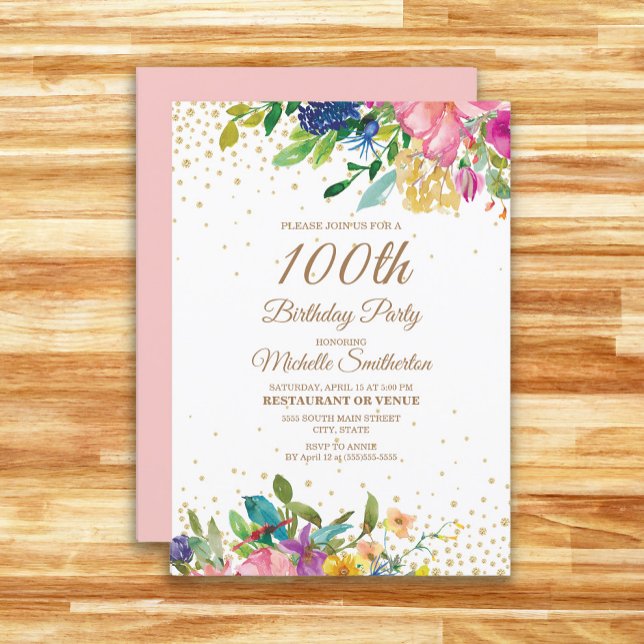 Rosa Gult Blått Blommigt Guld Glitter 100 Födelsed Inbjudningar (Pink, yellow, and blue watercolor floral 100th birthday party invitation)