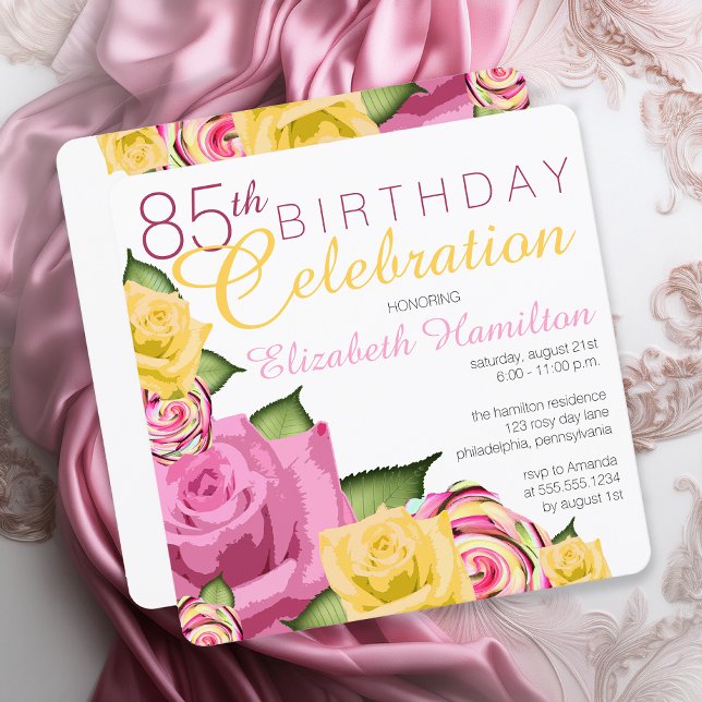 Rosa | Gult Blommigt 85:e födelsedagsfirandet Inbjudningar (Elegant Pink and Yellow Floral 85th Birthday Celebration Invitation - Print | Digital Download)
