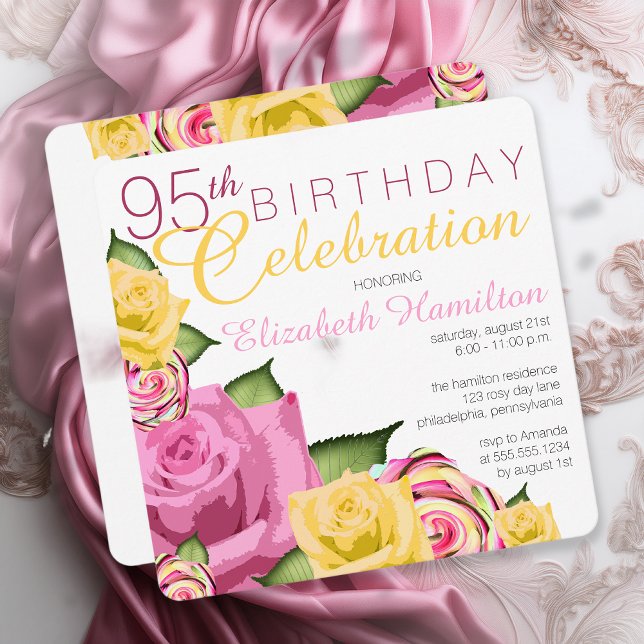 Rosa | Gult Blommigt 95:e födelsedagsfirandet Inbjudningar (Elegant Pink and Yellow Floral 95th Birthday Celebration Invitation - Print | Digital Download)