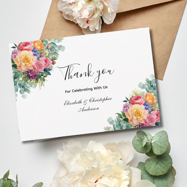 Rosa Gult Blommigt Flowers Eucalyptus Bröllop Tack Kort (Personalized Pink Yellow Eucalyptus Greenery Wedding Thank you cards)