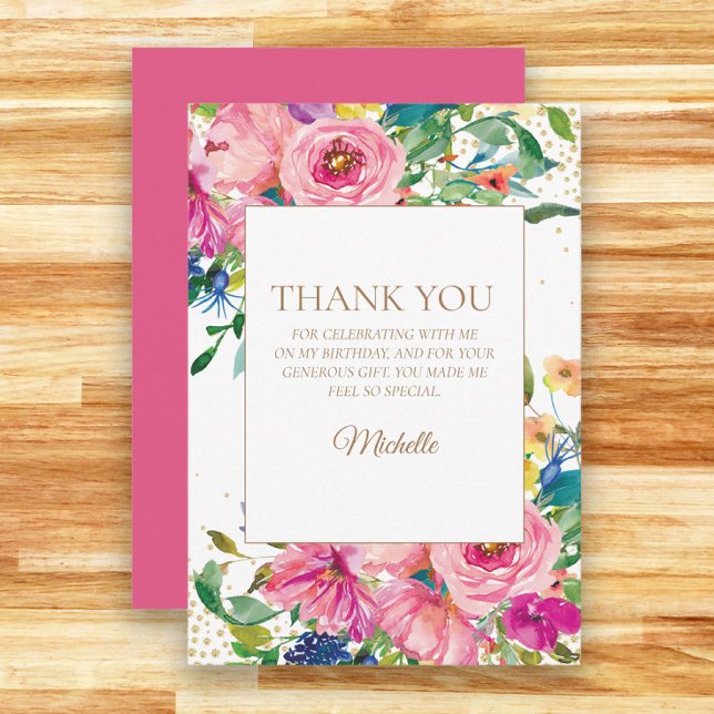 Rosa Gult Blommigt Födelsedag Tack Kort (Pink and blue watercolor floral birthday party thank you card)
