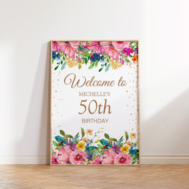 Rosa Gult Blommigt Glitter 50-års Födelsedagsvälko Poster (Pink, blue, and yellow 50th birthday party "Welcome" poster)