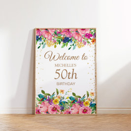 Rosa Gult Blommigt Glitter 50:e födelsedag Välkoms Poster
