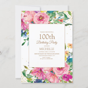 Rosa Gult Blommigt Guld Glitter 100-årsfirande Inbjudningar