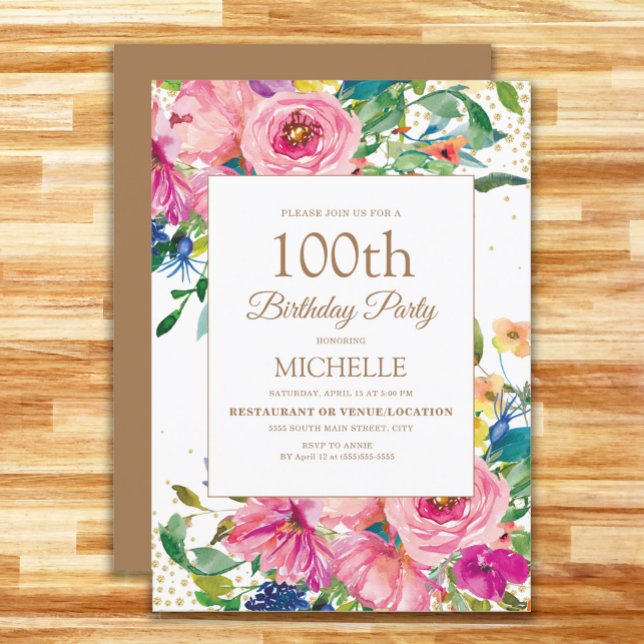 Rosa Gult Blommigt Guld Glitter 100:e födelsedagen Inbjudningar (Elegant pink, yellow, and blue watercolor floral 100th birthday party invitation for women.)