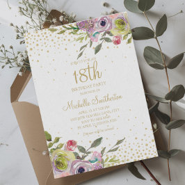 Rosa Gult Blommigt Guld Glitter 18:e födelsedag Inbjudningar