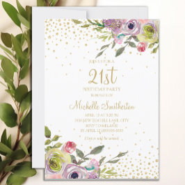 Rosa Gult Blommigt Guld Glitter 21:a födelsedag Inbjudningar
