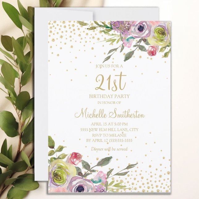 Rosa Gult Blommigt Guld Glitter 21:a födelsedag Inbjudningar (Purple watercolor floral and gold glitter 21st birthday party invitation)