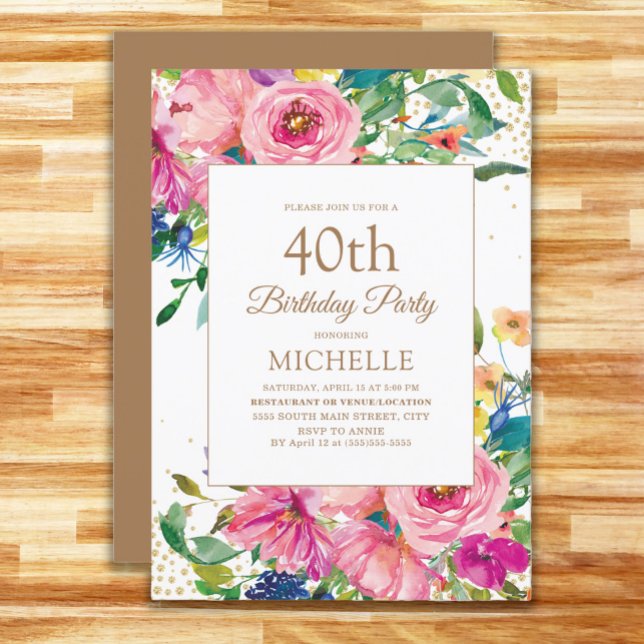 Rosa Gult Blommigt Guld Glitter 40:e födelsedagen Inbjudningar (Pink, yellow, and blue floral women's 40th birthday party invitation)