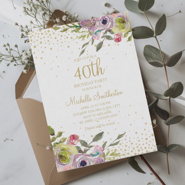 Rosa Gult Blommigt Guld Glitter 40:e födelsedagen Inbjudningar (Pink, purple, yellow watercolor floral 40th birthday party invitation)