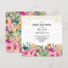 Rosa Gult Blommigt Guld Glitter Baby Shower Shower Inbjudningar