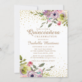 Rosa Gult Blommigt Guld Glitter Quinceañera Inbjudningar