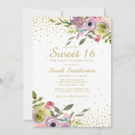 Rosa Gult Blommigt Guld Glitter Sweet 16 Birthday Inbjudningar
