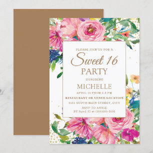 Rosa Gult Blommigt Guld Glitter Sweet 16 Inbjudningar