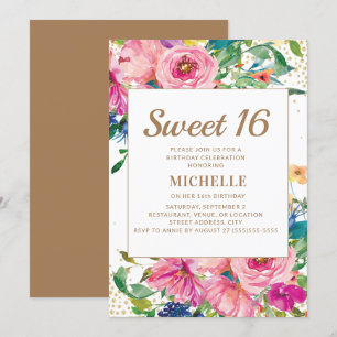 Rosa Gult Blommigt Guld Glitter Sweet 16 Inbjudningar