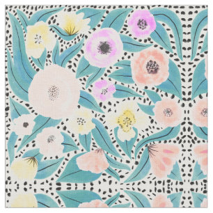 Rosa Gult Blommigt Polka dots Watercolor Mönster Tyg