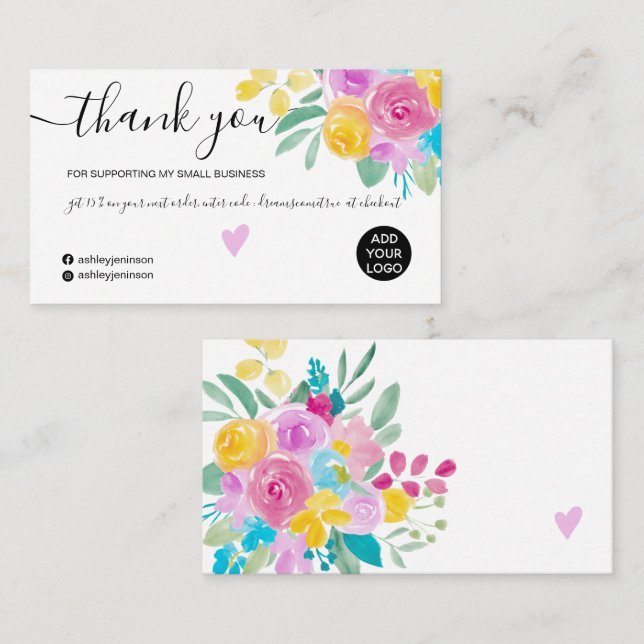 Rosa gult blommigt vattenfärgens chic tack visitkort (Fram/baksida)