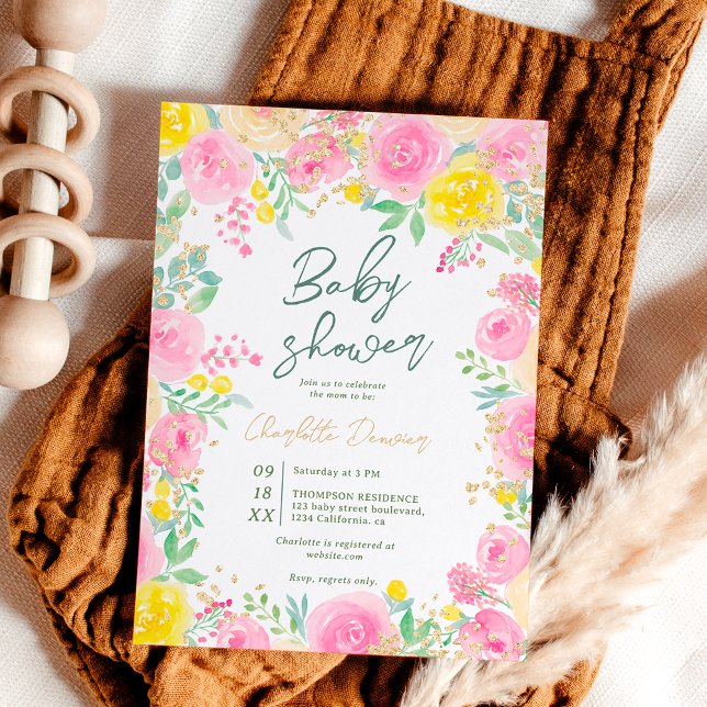 Rosa gult blommigt vattenfärgsdusch för  inbjudningar (Pink yellow garden floral watercolor baby shower invitation)