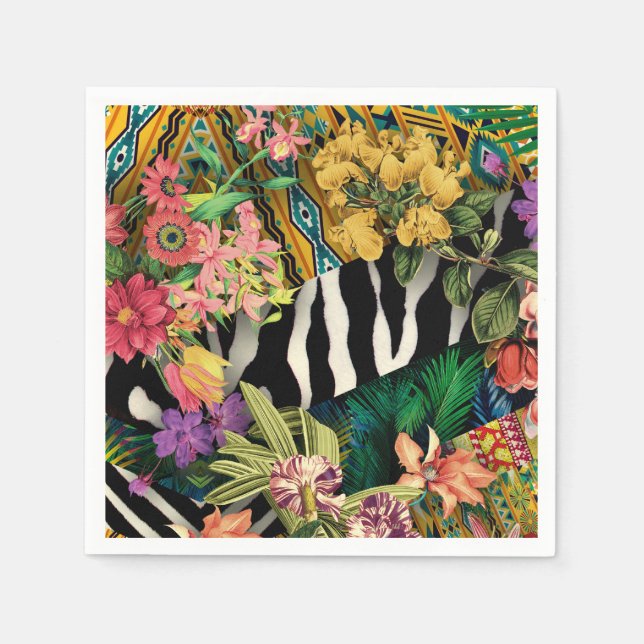 Rosa Gult Blommigt Zebra India Print Mönster Pappersservett (Framsidan)