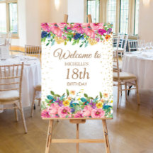 Rosa Gult Blommönster Guldglitter 18-årsdag