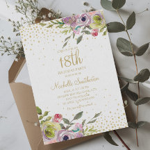 Rosa Gult Blommönster Guldglitter 18-årsdag