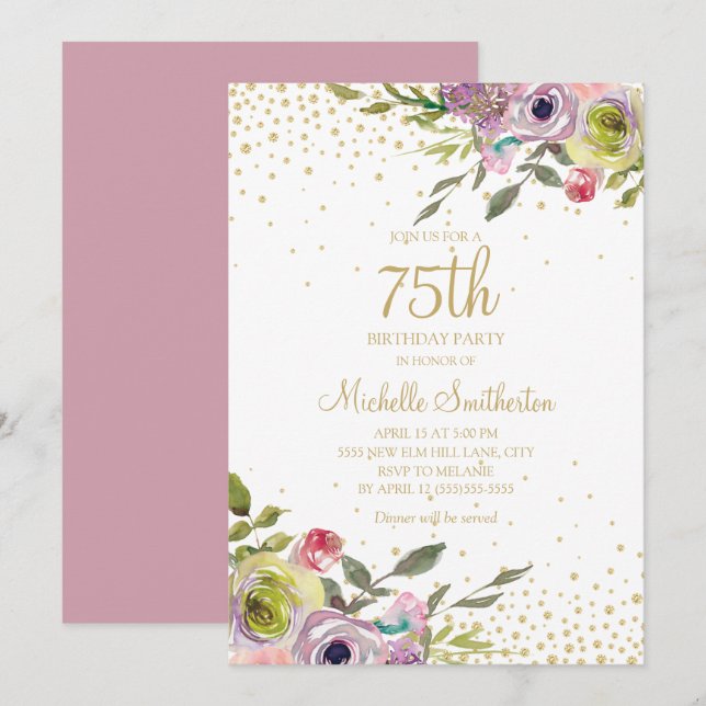 Rosa Gult Blommönster Guldglitter 75-årsfirande Inbjudningar (Fram/baksida)
