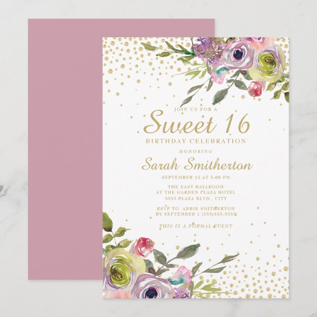 Rosa Gult Blommönster Guldglitter Sweet 16 Födelse Inbjudningar (Fram/baksida)
