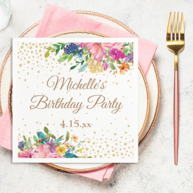 Rosa Gult Blue Blommigt Birthday Pappersservett (Elegant pink and yellow watercolor floral and gold glitter birthday party paper napkin)