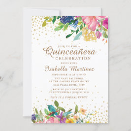 Rosa Gult Blue Blommigt Guld Glitter Quinceañera Inbjudningar