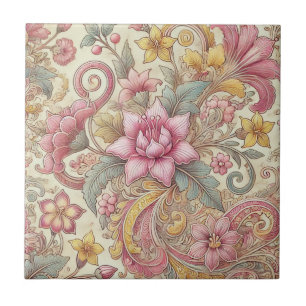 Rosa Gult Blue Boho Blommigt indonesisk batik Kakelplatta