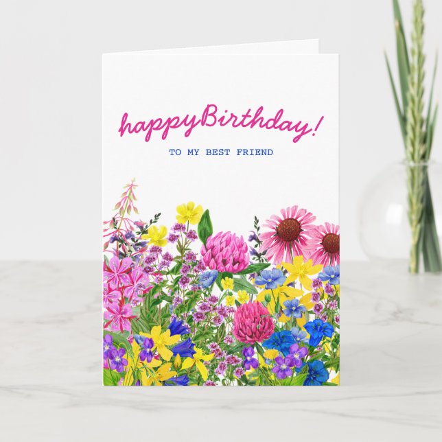 Rosa Gult Blue Lila Blommigt Friend Birthday Kort (Framsida)