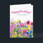 Rosa Gult Blue Lila Blommigt Friend Birthday Kort<br><div class="desc">En vacker trädgård fylld med vilda blommor från rosa, lila blå och gult ger din födelsedag önskemål till din bästa vän. Det finns ett inre meddelande med blommor i vas. All text är redigerbar så att du kan anpassa ditt kort till verkligen. Om du vill ha några matchande artiklar, meddela...</div>