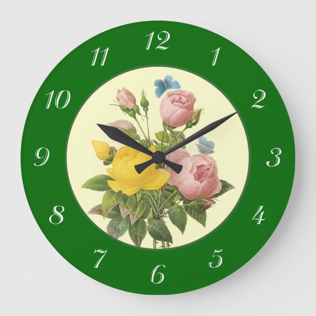 Rosa Gult Botaniskt Ro med Numbers Clock Stor Klocka (Framsida)