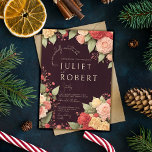 Rosa Gult Burgundy Winter Blommigt Bröllop Inbjudningar<br><div class="desc">Upptäck den fantastiska inbjudan till Winter Blommigt Wedding - en mätarbild av julhelgens allure. Vår design visar fantastiska vattenfärgsnejlikor, tjusiga blommigtar och graciös löv, adorerade i varm gult, rosa och bärröda nyanser. Den ömtåliga grönten löv kompletterar scenen mot en regal bakgrund av lila burgundröd. Den här inbjudan sammanfattar opulens och...</div>
