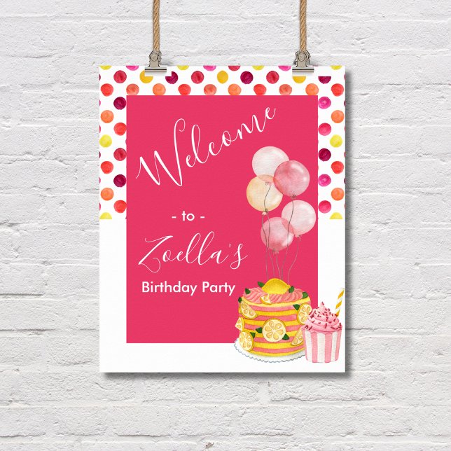 Rosa Gult Cake Cupcoa Välkommen Party-signatur Poster (Pink Yellow Birthday Party Poster)