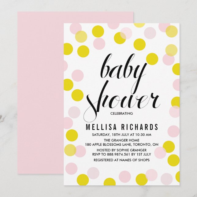 Rosa & Gult Confetti Polka dots Baby Shower Inbjudningar (Fram/baksida)